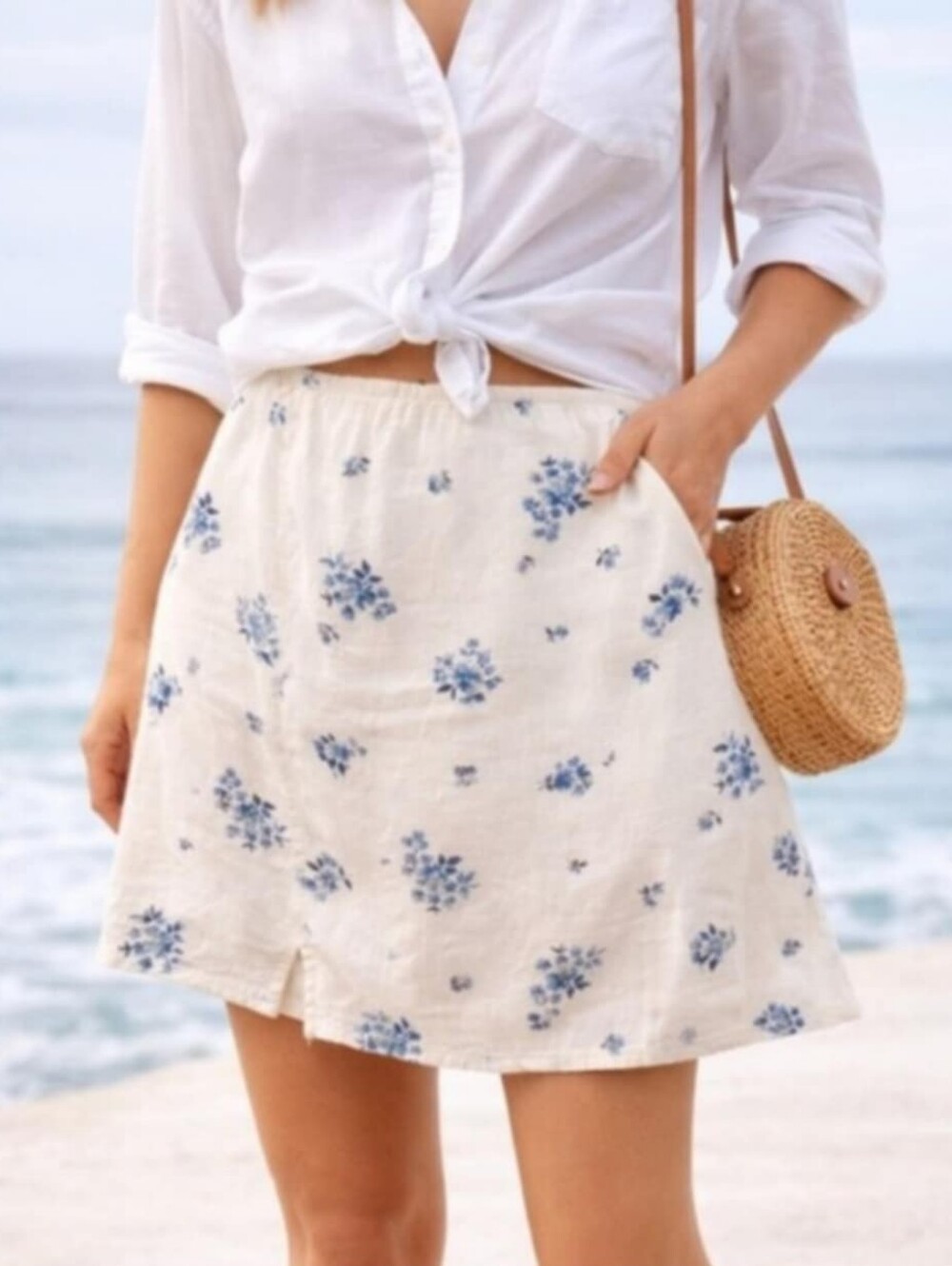 NWT American Eagle Linen Blend Floral Mini Skirt - White And Blue